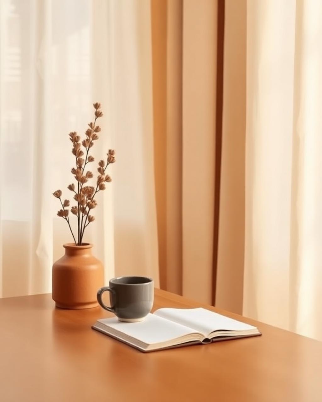 Rustige coaching-ruimte met warm licht, een notitieboek en een keramiek vaas